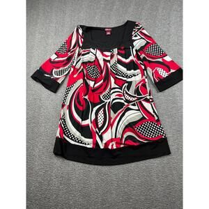 Miss Bison Women's Red Black White Patterned Tunic Top Size Small